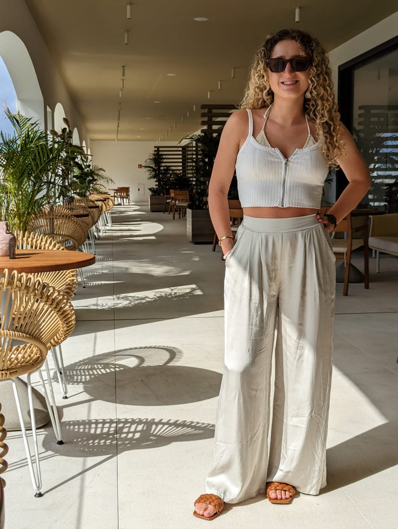 Satin Wide Leg Trousers - Cream - Slouchy