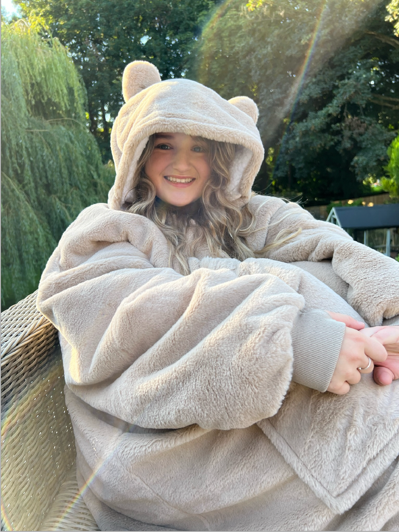 Faux Rabbit Fur Hoodie Blanket Bear Brown Slouchy