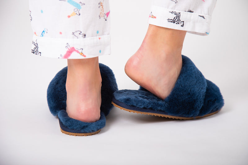 Navy shearling slippers clearance