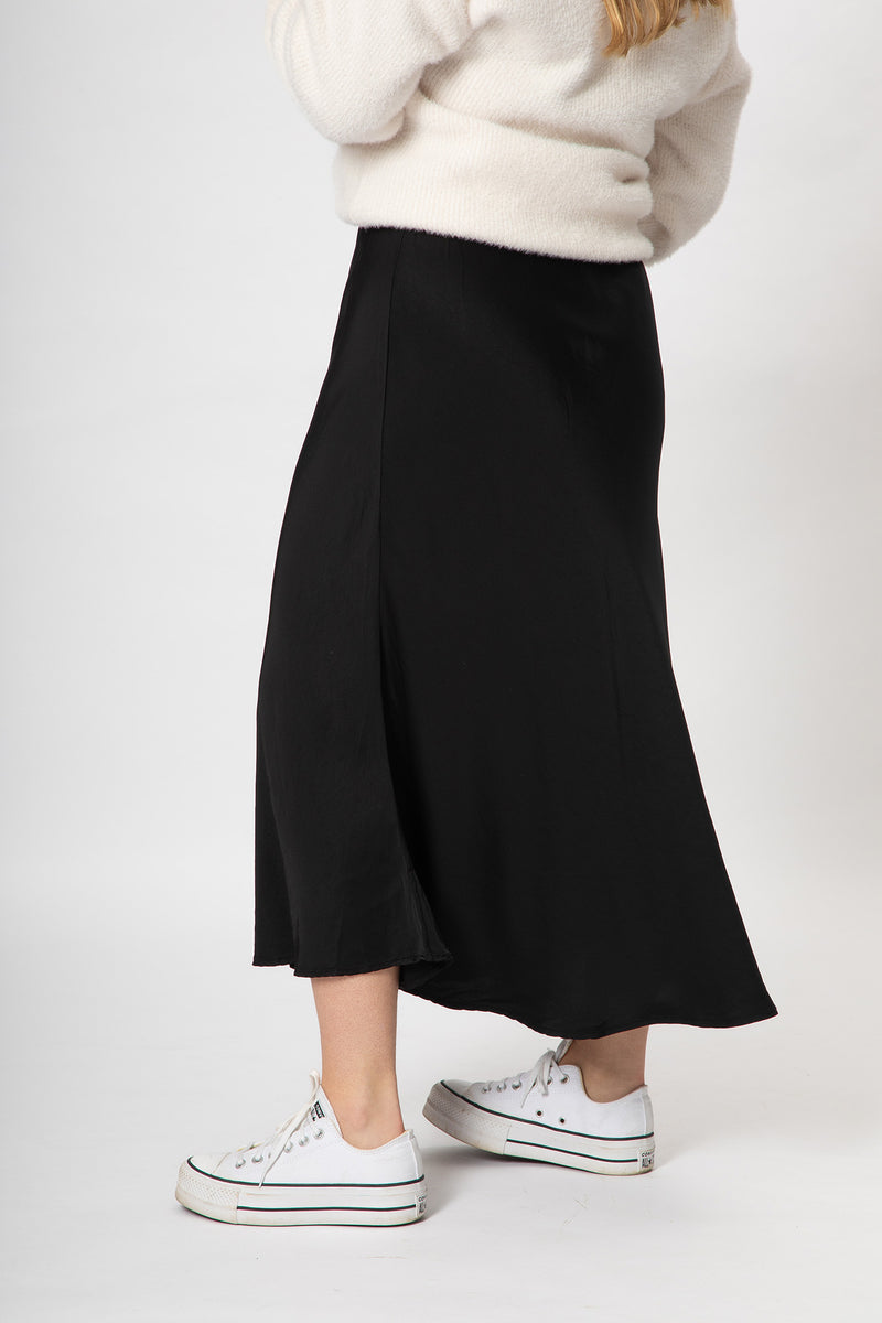 Bias Cut Satin Skirt - Black - Slouchy