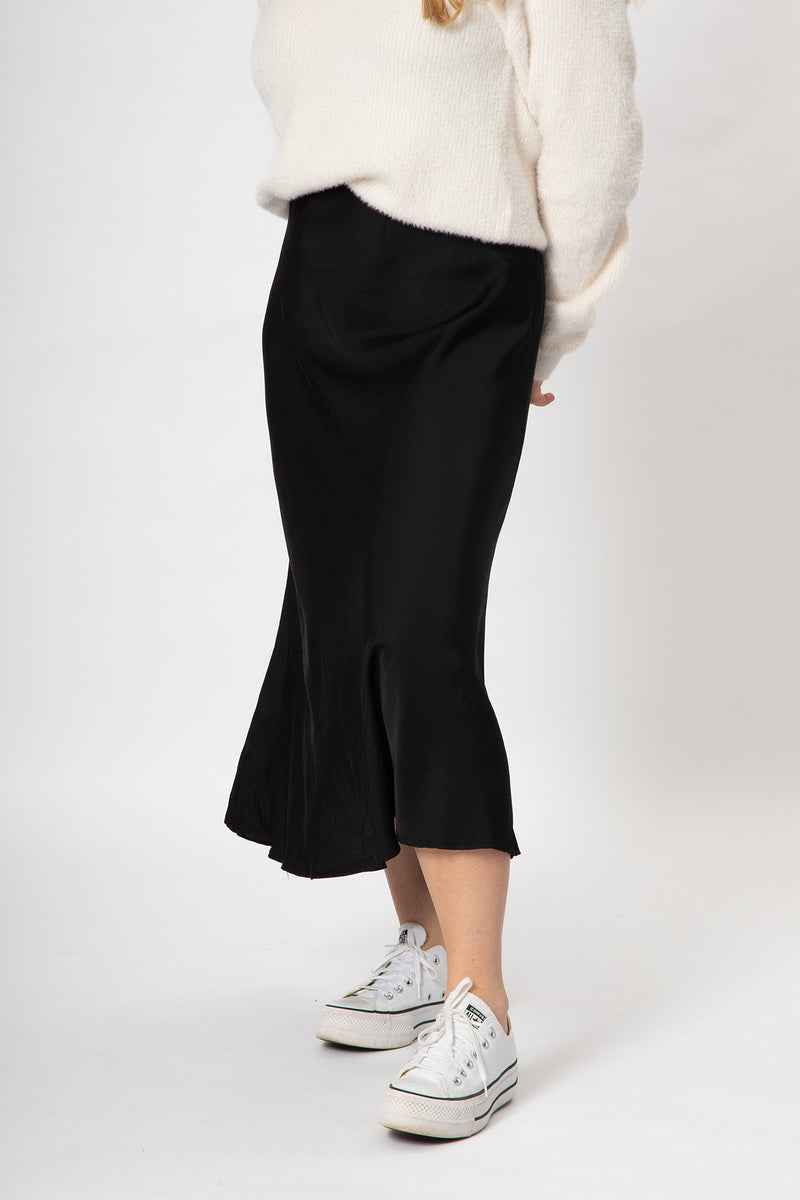 Bias Cut Satin Skirt - Black - Slouchy