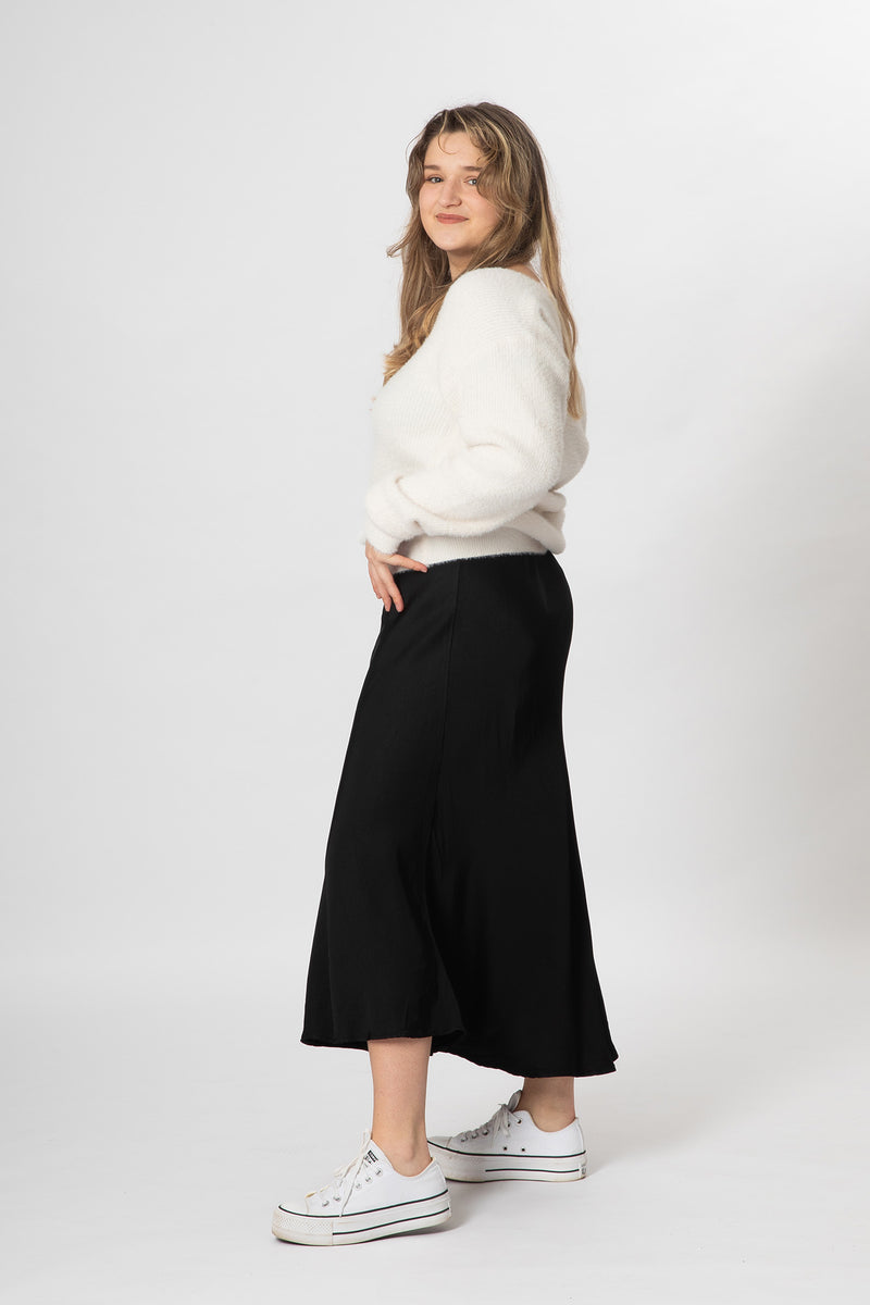 Bias Cut Satin Skirt - Black - Slouchy